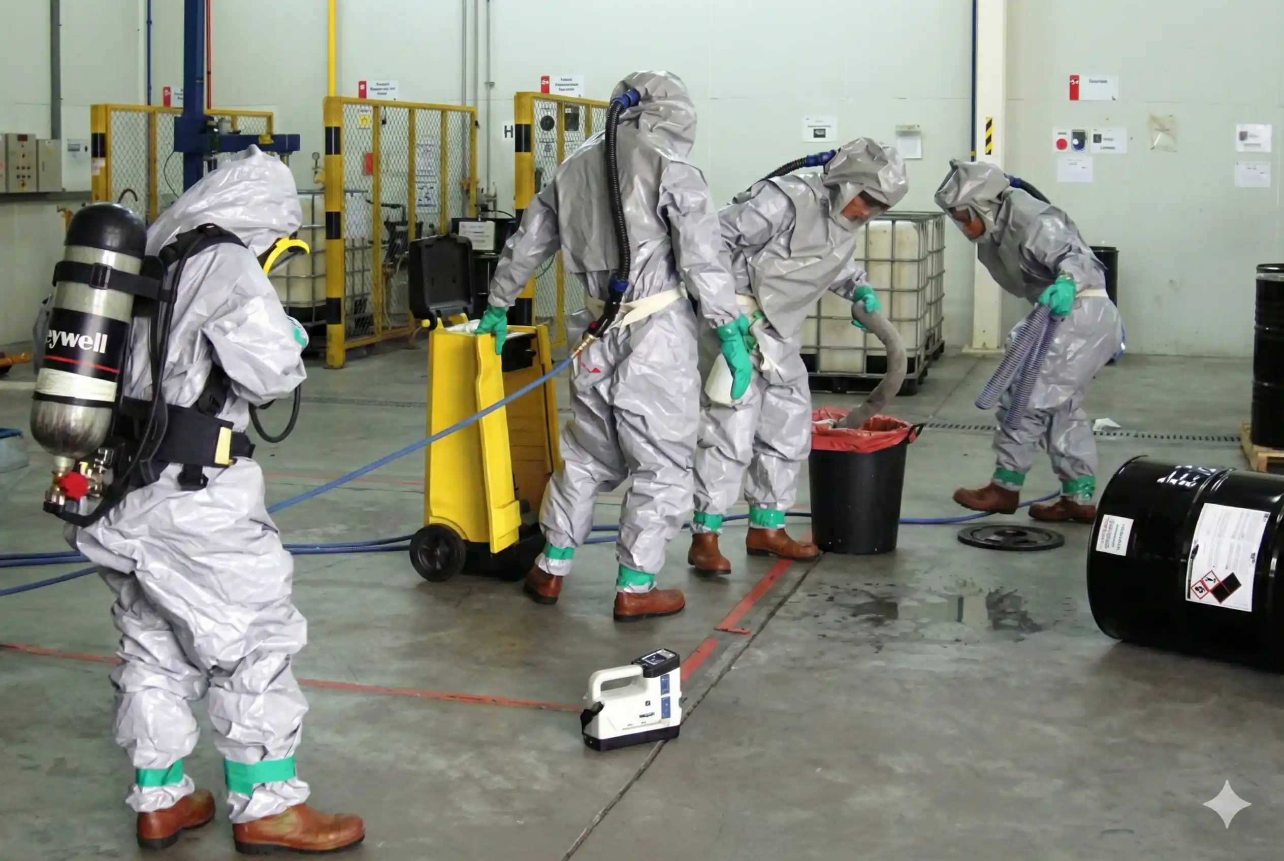 Industrial workers in safety gear managing a spill